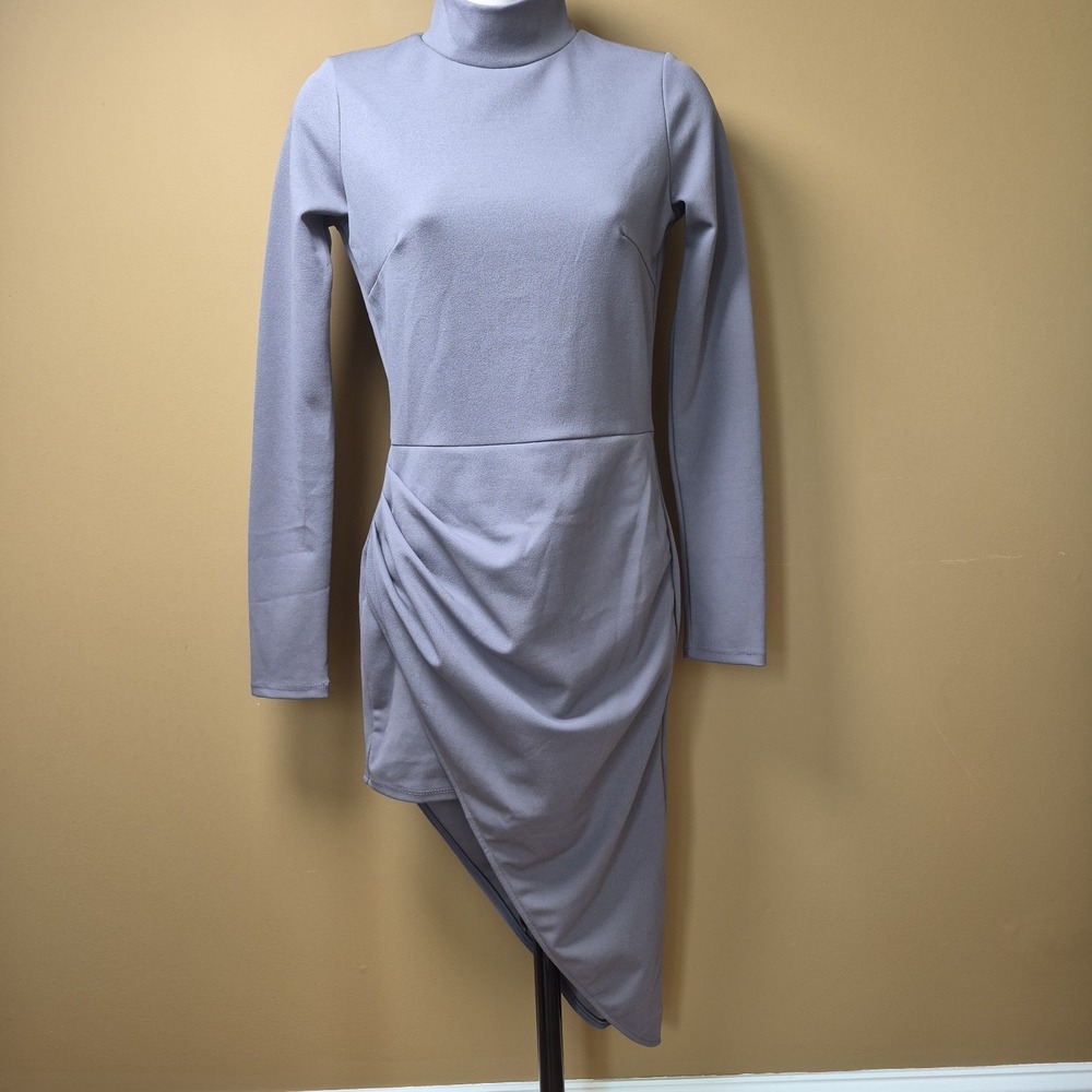 Blanc Dress‎ High Neck Long Sleeve Asymetrical Hem